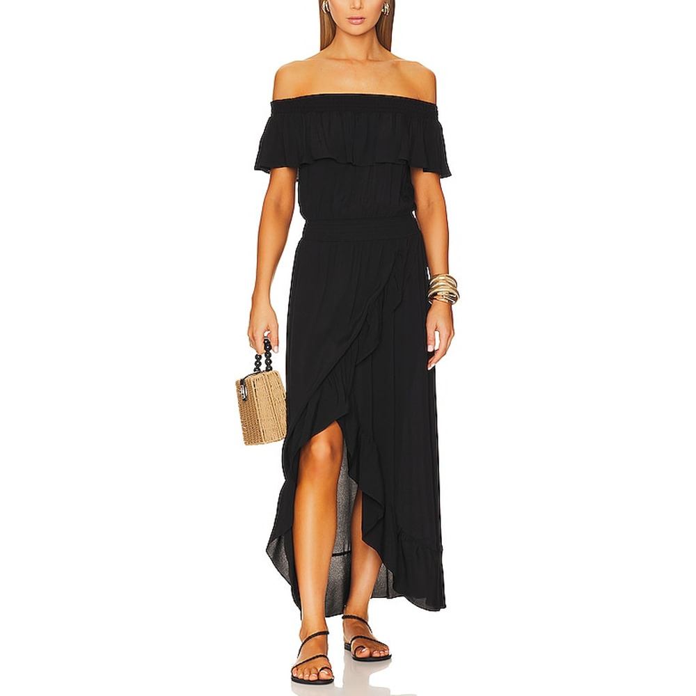 Bobi Black 'Ruffle' Off Shoulder Crepe Dress Size M
